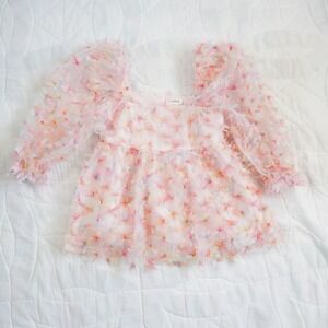 STORIA Womens Top Blouse Puffy Sleeves Floral‎ Appliques Square Neck Pink Size S